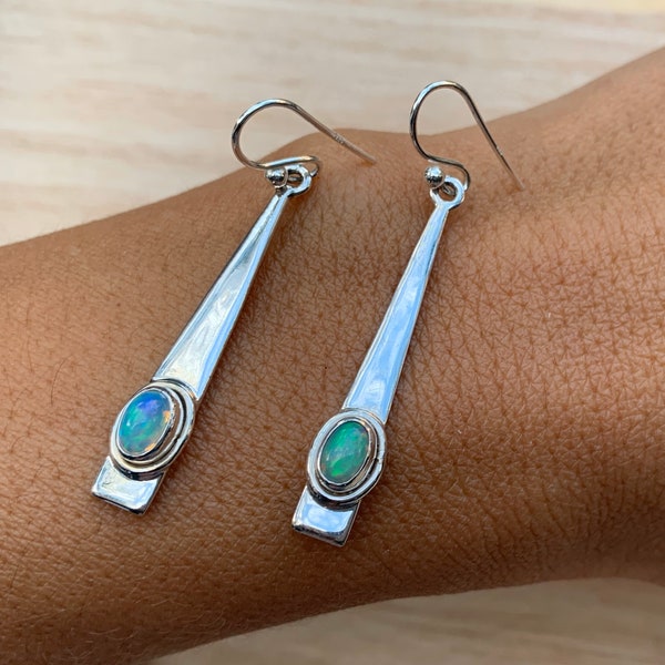Opal dangly silver earrings, Ethiopian opal silver earrings, Gift for her, Opal gifts, Fiery Opal, October birthstone