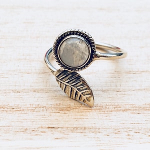 Bague en argent sterling feuille, anneau d’argent sterling de feuille réglable, anneau de pierre de lune de feuille, anneau turquoise de feuille, onyx noir, anneau argenté de Boho