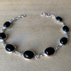 Black onyx sterling silver bracelet, Black onyx bracelet, Chain black onyx bracelet