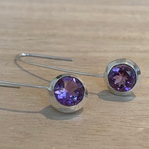 Amethyst sterling silver earrings,  Faceted Amethyst dangly long drop earrings, Purple amethyst earrings, February birthstone, gift for her