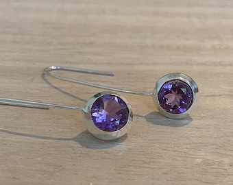 Amethyst sterling silver earrings,  Faceted Amethyst dangly long drop earrings, Purple amethyst earrings, February birthstone, gift for her