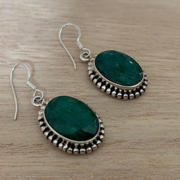 Emerald sterling silver earrings , Faceted  emerald silver earrings, Emerald silver earrings, Green silver earrings