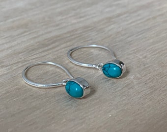 Hoops Turquoise silver earrings, Dangle turquoise silver earrings,  Hoop style drop Earrings, turquoise earrings, Gift for her