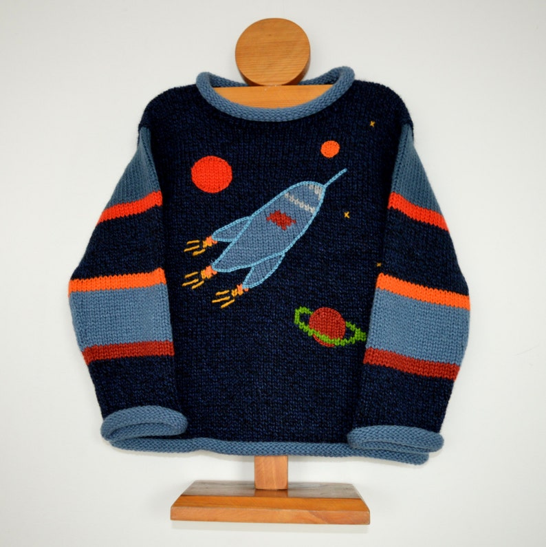Tricoté Alpaga Jumper Space rocket design Pull/Pullover, Pulls en laine tricotés pour enfants, Pulls amusants pour enfants, cadeau de Noël de vaisseau spatial image 2