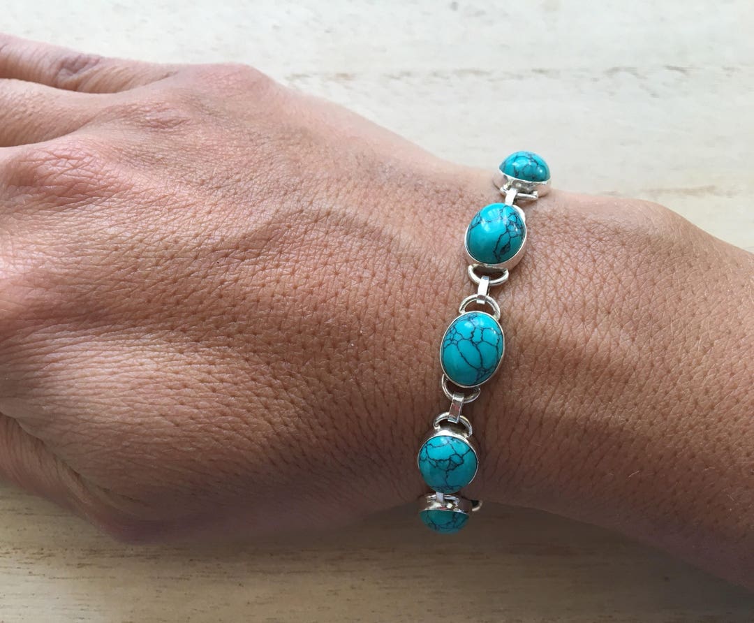 Turquoise Sterling Silver Link Bracelet, Women Turquoise Turquoise Sterling Silver Link Bracelet, Women Turquoise