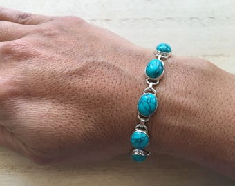 Turquoise Sterling Silver Link Bracelet, Women Turquoise Silver