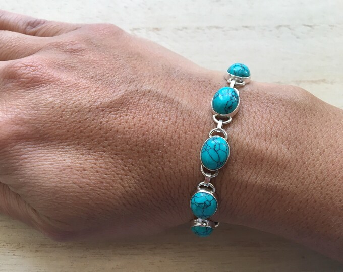 Handmade Turquoise & Sterling Silver Beaded Bracelet - 925 Silver, Mixed Plated (Free UK P&P)
