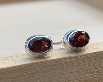 Faceted Garnet Stud Earrings: Sterling Silver, January Birthstone