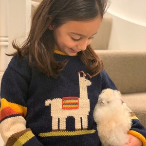 Knitted alpaca llama jumper, Alpaca sweater, Children llama motif knitted Jumper,  Blue llama design knit sweater,  Llama Christmas gift