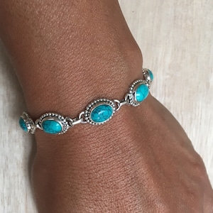 Turquoise sterling silver link bracelet, Women Turquoise silver bracelet, December birthstone bracelet