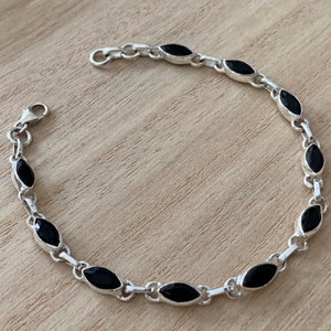 Faceted Black onyx sterling silver bracelet, Black onyx bracelet, Chain black onyx bracelet, Marquise onyx bracelet,