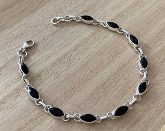 Faceted Black onyx sterling silver bracelet, Black onyx bracelet, Chain black onyx bracelet, Marquise onyx bracelet,