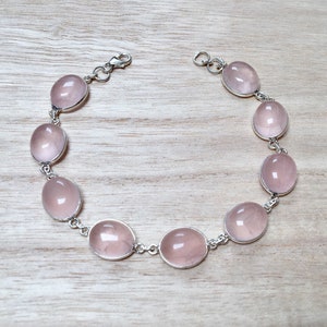 Rose quartz sterling silver bracelet, Rose quartz bracelet, Chain rose quartz bracelet, Gift for her, Love stone