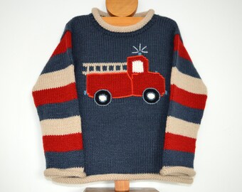 Kinder Alpaka Strickpullover: Feuerwehrauto, Weicher Wollpullover