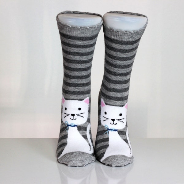 Cat Kitty Socks Gray Striped Socks Pink Ears Cat Lover Funny Sock Crazy Socks Animal Socks Ankle Socks Cotton Socks Novelty Socks Fun Socks