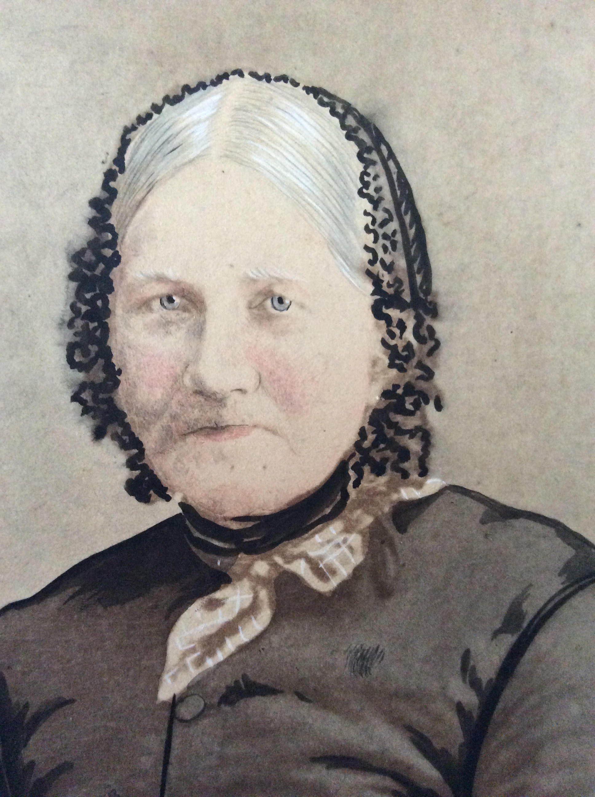antique watercolor with pencil, painting, 1800s portrait old woman