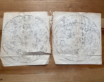 Northern and Southern Hemisphere Celestial Maps, 1800s Original Book Plate Set, I H Colen Del