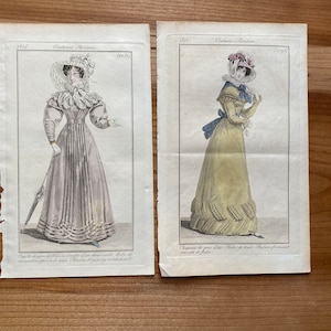Pair of Antique Costume Book Plates, Costume Parisien, French, 1822, Hand Coloring