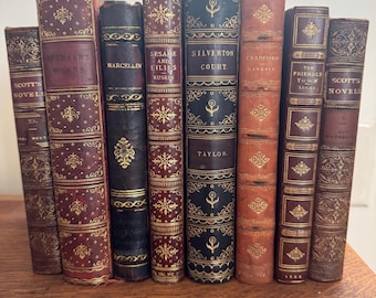 Antique Book Collection, Prize Leather Bindings, Literature, 1800s-early 1900s, English/French Language, Plates