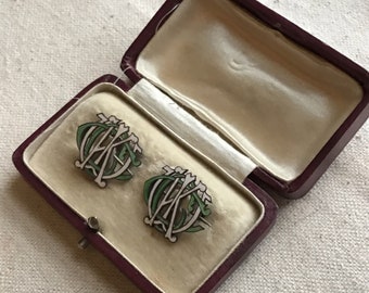 Antique Enamel Cufflinks/Pin Set, Possibly Key West Golf Club, 1920s, Green/White, K W G C, Ornate Monogram