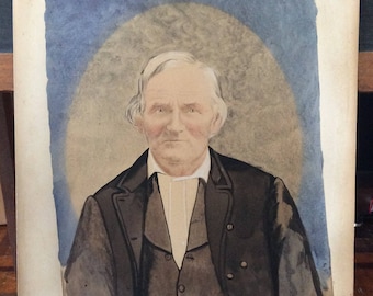 antique watercolor painting with pencil 1800s portrait old man on card, unframed one of a kind, original artwork,