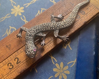 Vintage Large Lizard Pin, Marcasite and Sterling Silver