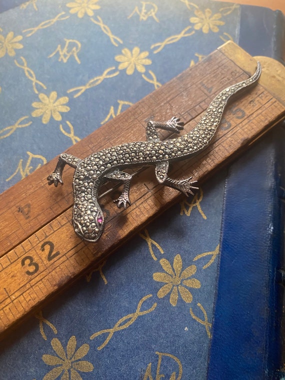Vintage Large Lizard Pin, Marcasite and Sterling S