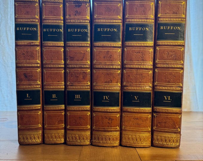 Featured listing image: Oeuvres Complètes de Buffon, 6 Volume Set, Color Plates, French Language, Leather Illustrated 1837-39 Nature