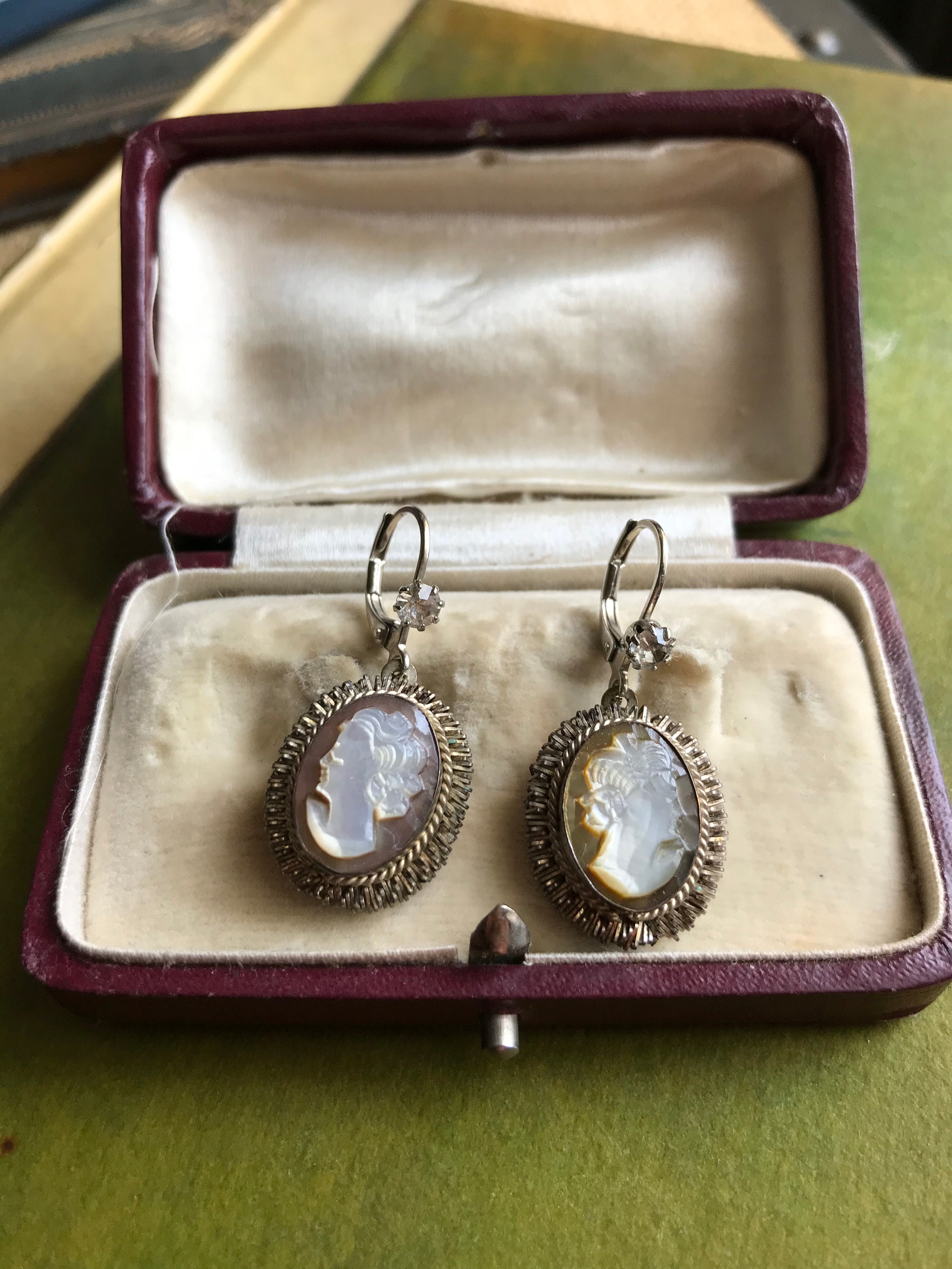 Antique, Cameo, Mother of Pearl/Abalone, Silver, Dangle Earrings Marked