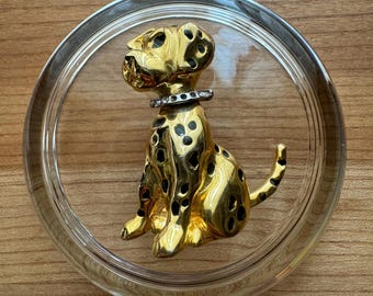 Vintage Dalmatian dog pin/brooch gold/black enamel and rhinestone, Movable Collar