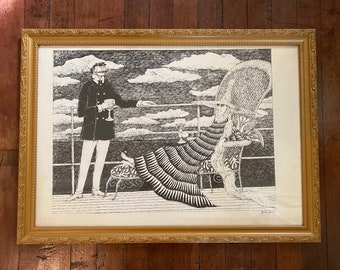 The Blue Aspic, Edward Gorey, Illustrated and Hand Signed Poster, Vintage Yacht Scene, Framed