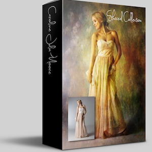 May include: A box featuring a woman in a long, flowing, peach-colored gown with a strapless neckline. The background is a textured, abstract design in shades of yellow, brown, and green. The box is labeled "Caroline  Julia Moore" and "Ethereal Collection".