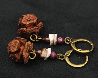 Cypress Cone Earrings with Garnet & Shell • Boho Nature Jewelry • Lightweight Handmade Earrings