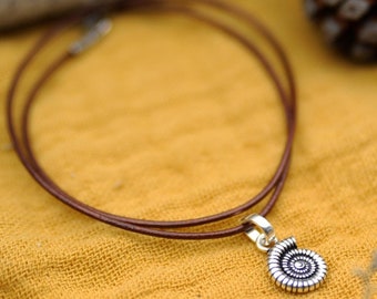 Minimalistic Leather Necklace with Silver Spiral | Silver Pendant | Fibonacci Pendant Necklace | Handmade Necklace