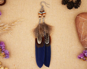 Feather Earrings | Blue Feather Earrings | Pheasant Feather Jewelry | Feather Jewelry with Ceramic Beads | Boho | Hippie