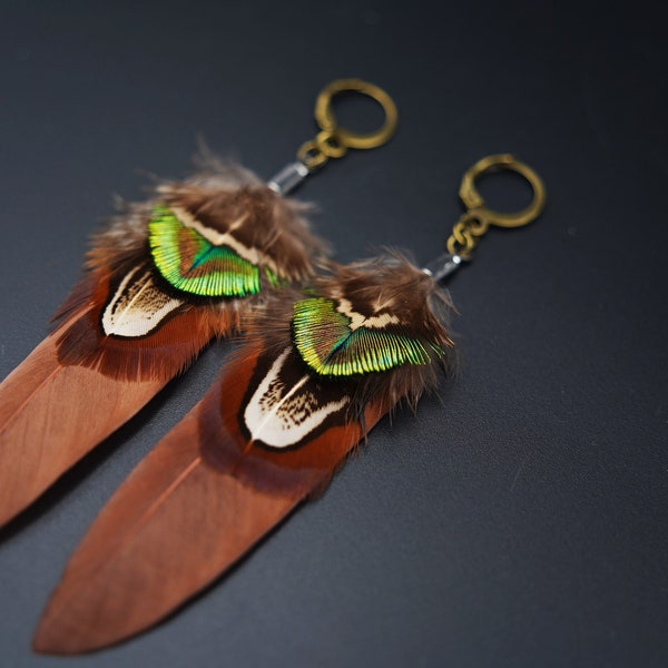 Feather earrings with pheasant and peacock feathers | Natural jewelry | Alternative feather jewelry | Grey hanging earrings