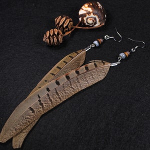 May include: A pair of long feather earrings with brown and black feathers and silver beads. The earrings are hanging from silver hooks.