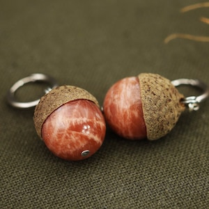 Acorn earrings with moonstone | Acorn Cap Earrings | Wooden earrings with tree acorns | Natural wooden jewelry | Boho hippie earrings