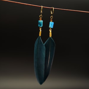 Puede incluir: Un par de pendientes colgantes con cuentas de piedras preciosas azules y abalorios de plumas azul oscuro.