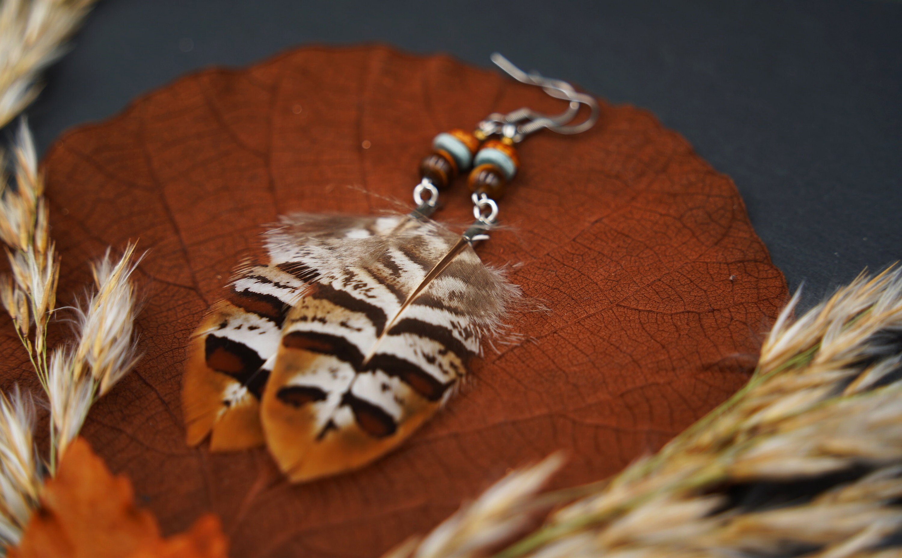 Natural Feather Earrings in Autumn Look Kings Pheasant Feathers