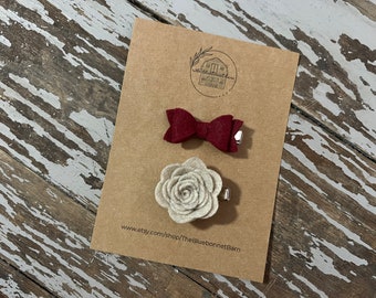 Felt Valentine’s Day Bow & White Flower Hair Clips, Infant Hair Accessory, Newborn Girl Gift, Christmas Baby Accessories