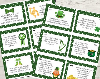 St Patrick's Day Scavenger Hunt, St Patty's Game, Fun at Home, Green Clover Printable, For Kids, Treasure Hunt Clue Cards, Instant Download