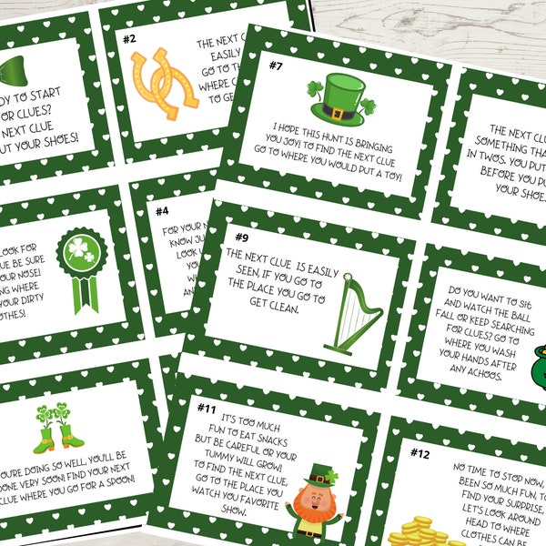 St Patrick's Day Scavenger Hunt, St Patty's Game, Fun at Home, Green Clover Printable, For Kids, Treasure Hunt Clue Cards, Instant Download