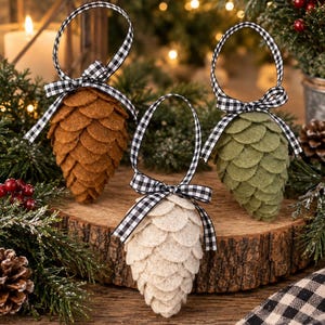May include: Three hanging ornaments shaped like pinecones, crafted from layered felt in brown, cream, and sage green. Each ornament is topped with a black and white buffalo check ribbon tied into a bow, forming a loop for hanging purposes.