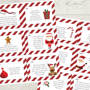 Caça ao tesouro de Natal do Papai Noel, Jogo de Natal, Diversão em casa, Para imprimir, Para crianças, Cartões de dicas de caça ao tesouro, Download instantâneo