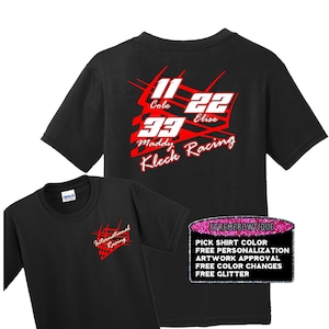 May include: Black t-shirt with red racing numbers and text that says "11 Cole 22 Elise 33 Maddy Kleck Racing". The shirt also has a small logo on the front that says "International Racing".