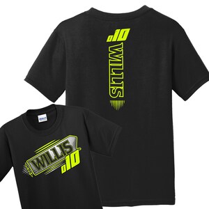 May include: Black t-shirt with a yellow graphic of the name "Willis" and the number "10" on the front. The back of the shirt has a vertical yellow graphic of the name "Willis" and the number "10".