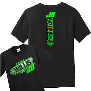 May include: Black t-shirt with a green graphic design featuring the name "Willis" and the number "10". The back of the shirt has the name "Willis" vertically down the back with the number "10" at the top.