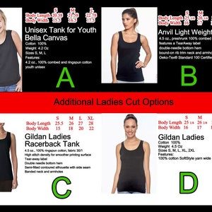 May include: Four different tank top styles with size charts and descriptions. The tank tops are black and are shown on models. The text includes "Unisex Tank for Youth Bella Canvas", "Anvil Light Weight Tank", "Gildan Ladies Racerback Tank", and "Gildan Ladies".