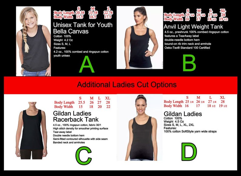 May include: Four different tank top styles with size charts and descriptions. The tank tops are black and are shown on models. The text includes "Unisex Tank for Youth Bella Canvas", "Anvil Light Weight Tank", "Gildan Ladies Racerback Tank", and "Gildan Ladies".